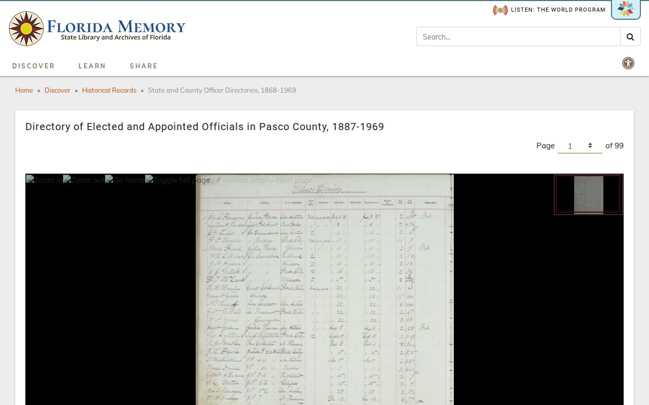 Florida Memory directory of Pasco County officials from 1887 to 1969