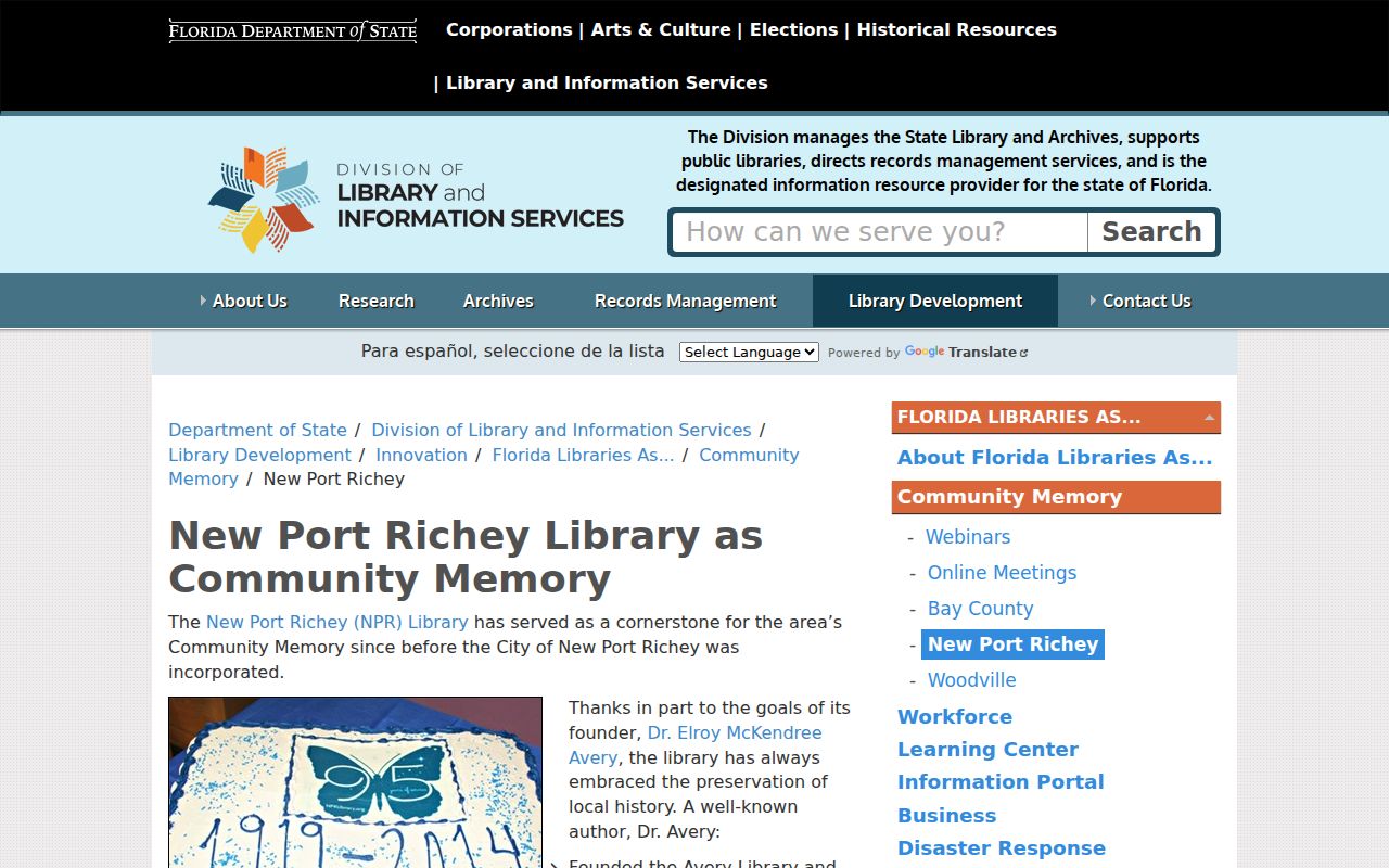 Florida community-memory profile for New Port Richey historical collections