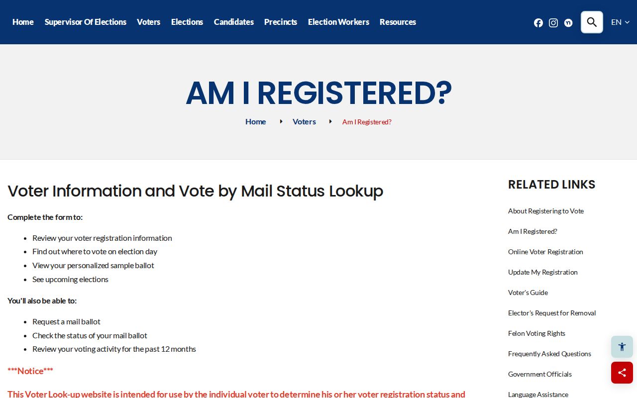 Pasco County individual voter registration lookup page