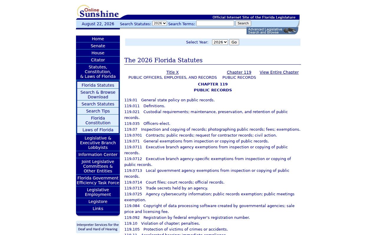 Florida Statutes chapter 119 public records law page