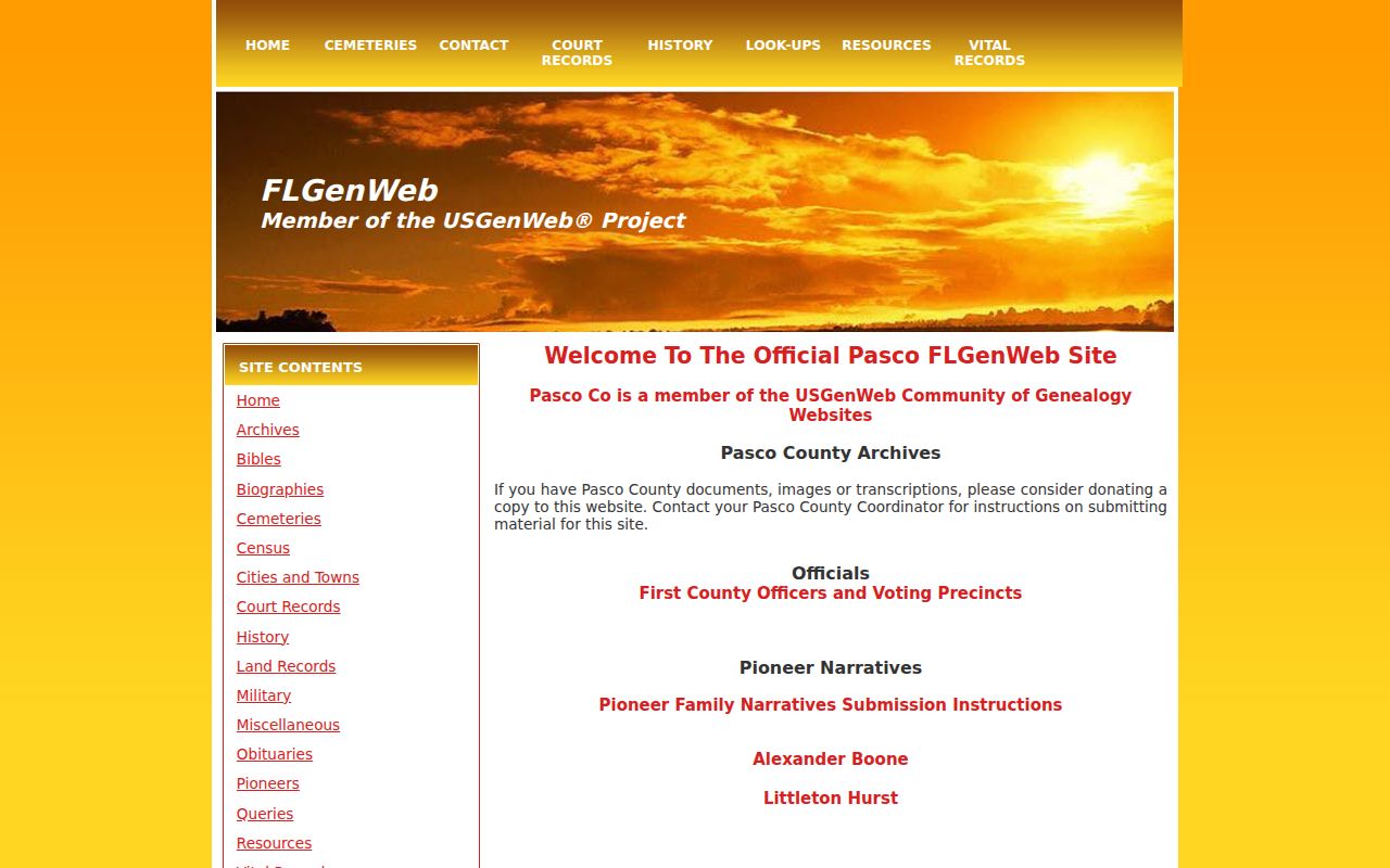 Pasco County previous residents genealogy archive and finding aids