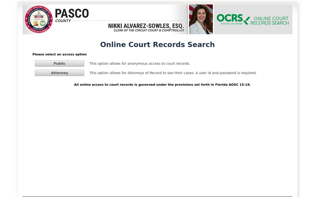 Pasco County CiviTek public court records access screen