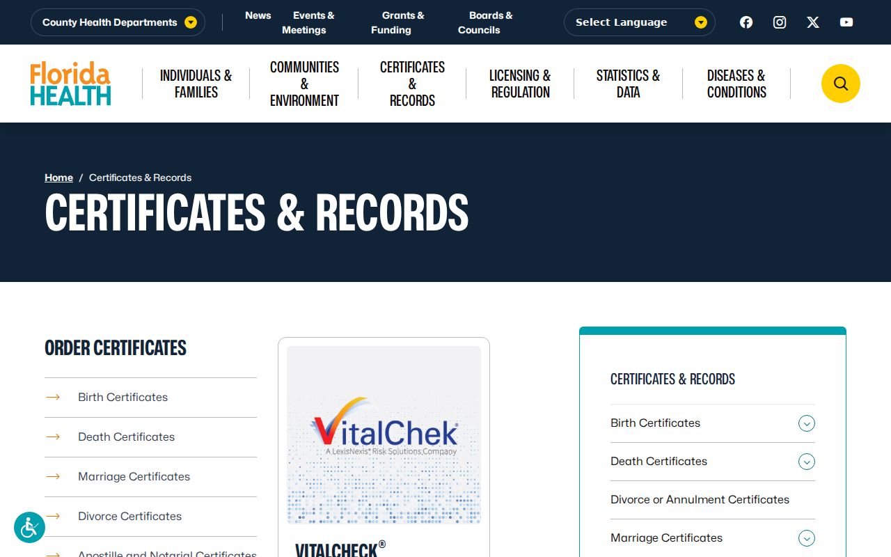 Florida Department of Health certificates and vital records page