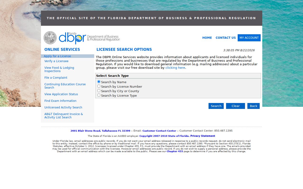Florida DBPR professional license search page