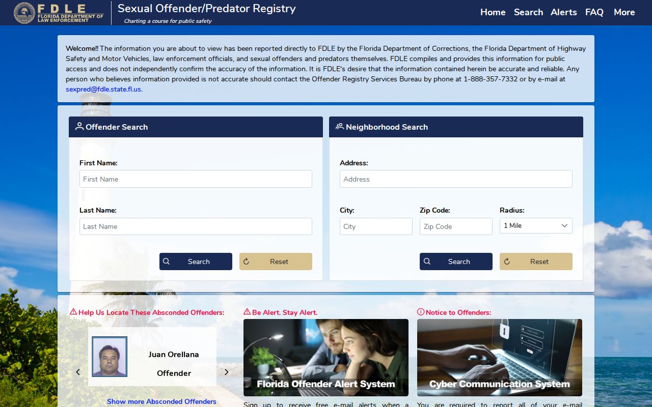 Florida FDLE sexual offender and predator registry search home