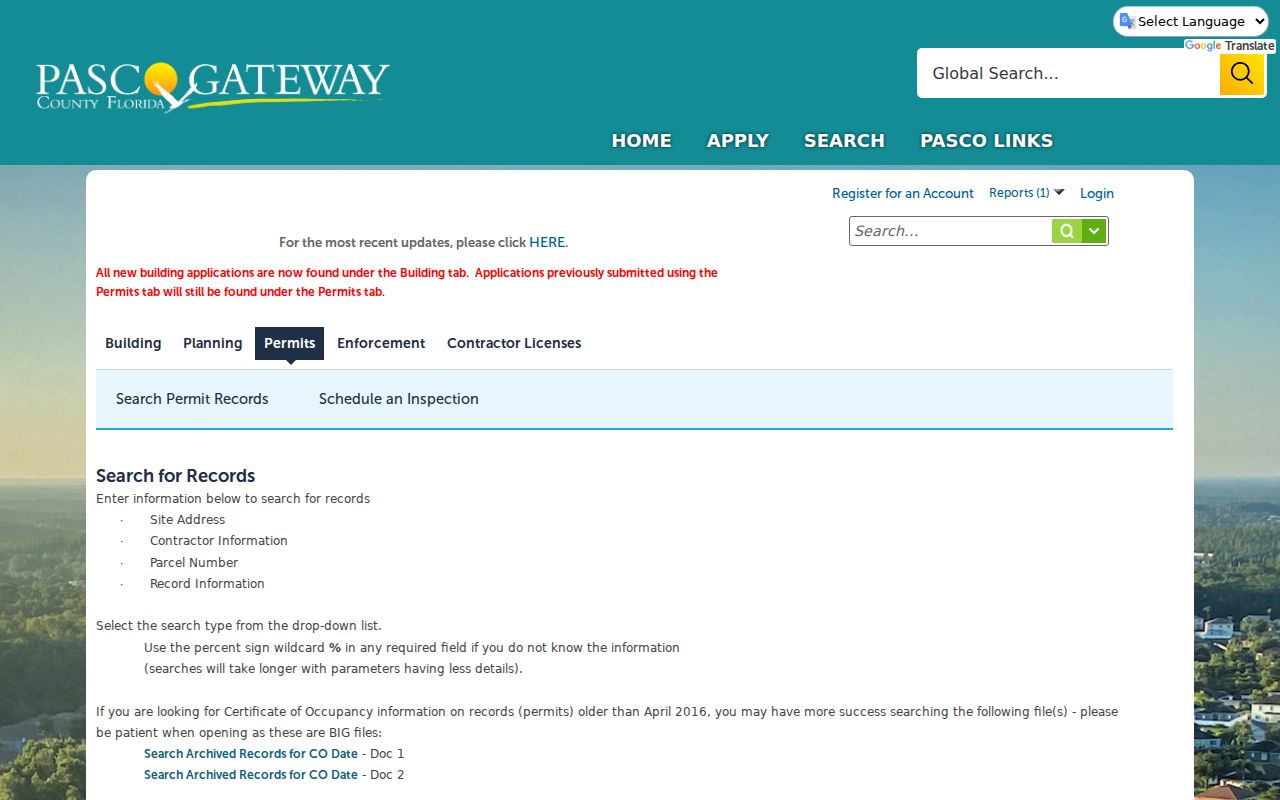 PascoGateway historical permit search showing address and ZIP search fields